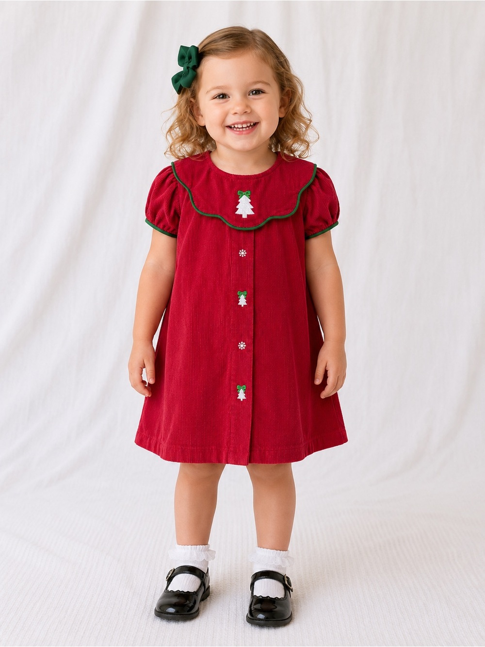 Girls' Red Holiday Corduroy Dress with Green Trim